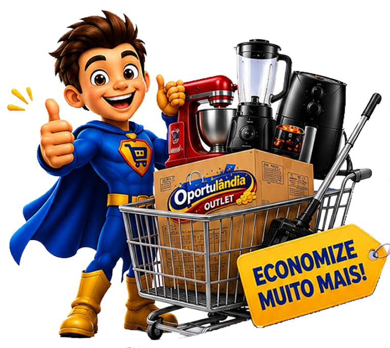 Mascote da Oportulândia ao lado de um carrinho cheio de produtos